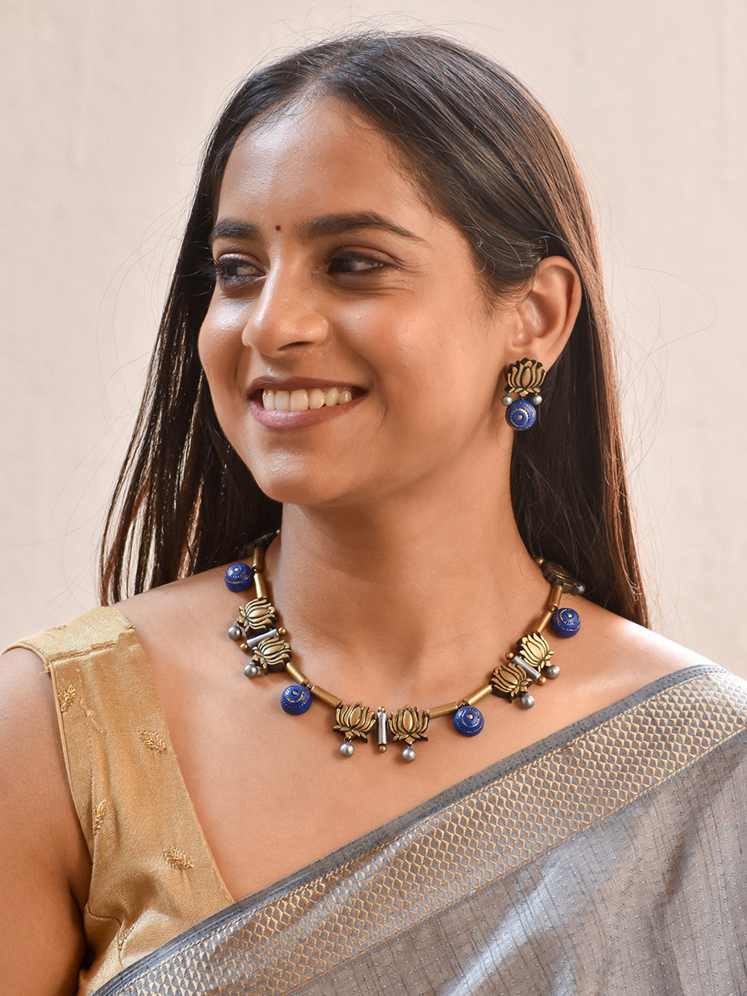 Handcrafted Lotus Pendant Terracotta Jewellery Set in Blue & Antique Gold
