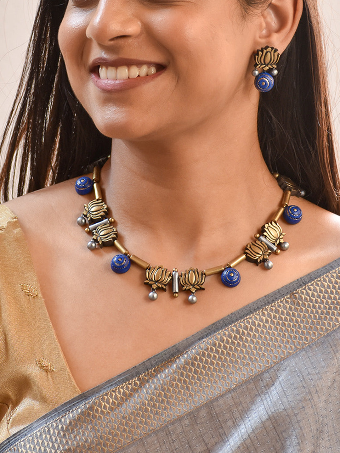 Handcrafted Lotus Pendant Terracotta Jewellery Set in Blue & Antique Gold