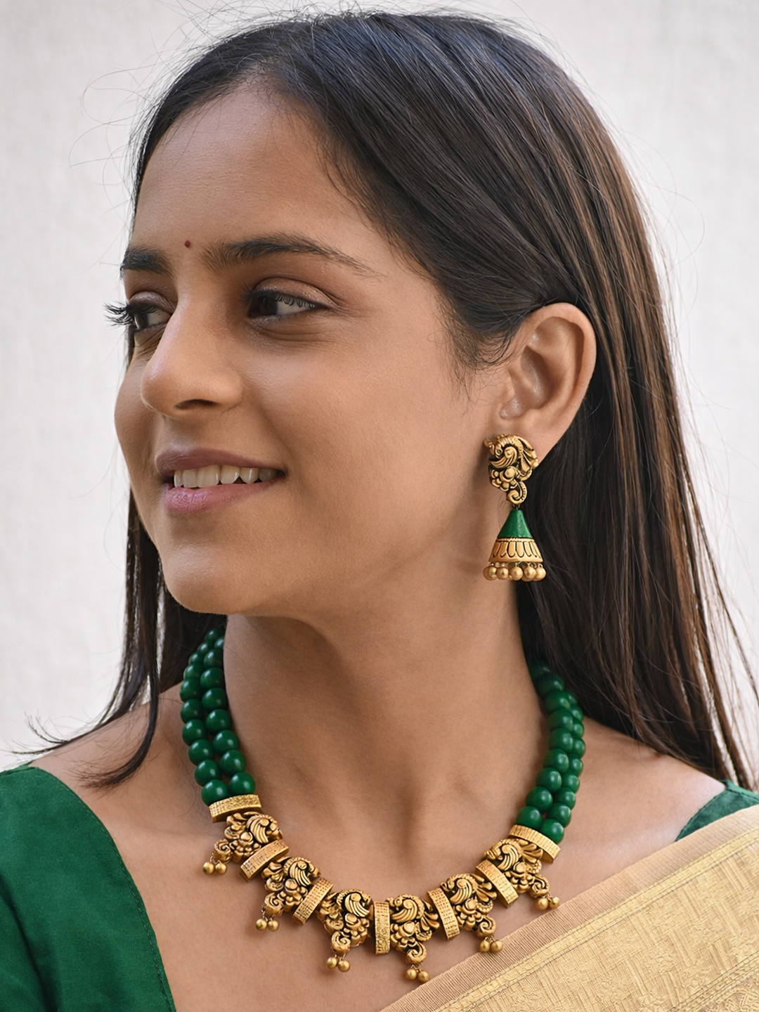 Devpriya — Handcrafted Temple Two layer Terracotta Jewellery Set in Emerald Green & Antique Gold
