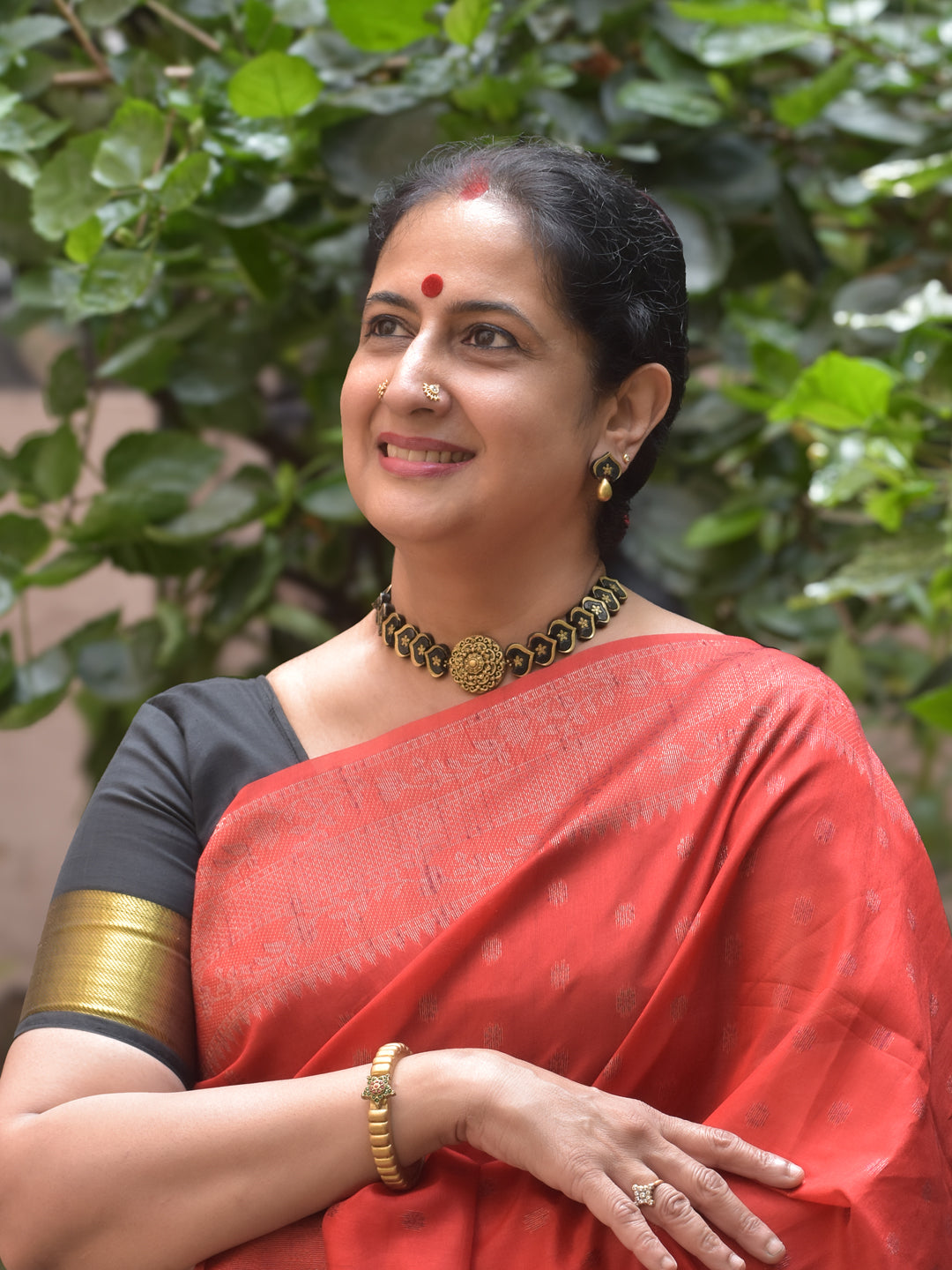 Hridaya – Handmade Terracotta Heart-Motif Choker Set with Antique Floral Centerpiece and Gold Drop Earrings