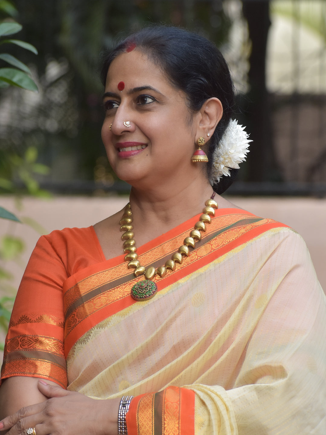 Mandaleeka – Handmade Terracotta Mandala Necklace Set with Antique Gold Beads and Green–Pink Detailing