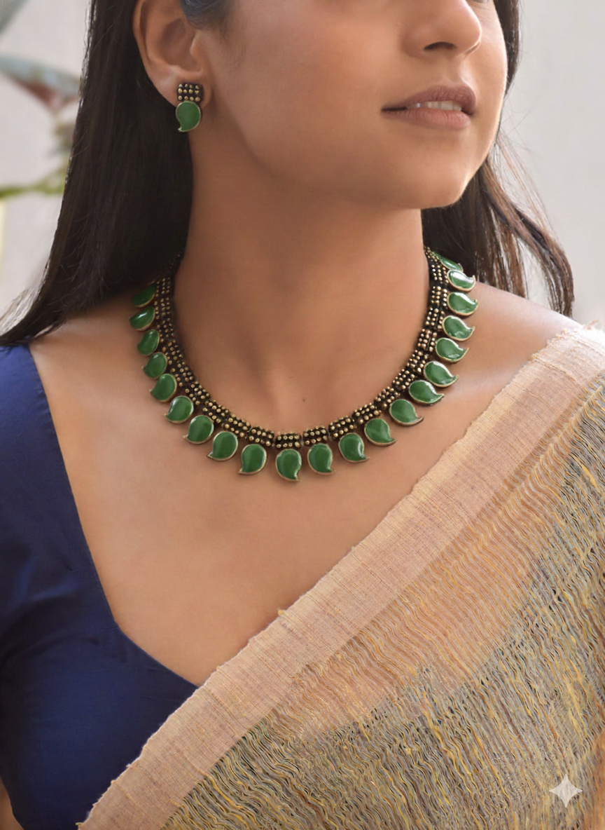 Handmade Terracotta Green Mango Motif Choker Necklace with Stud Earrings