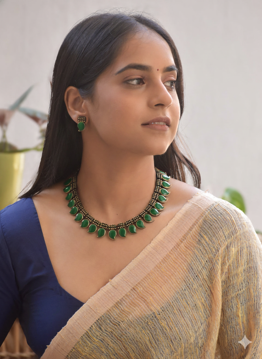 Handmade Terracotta Green Mango Motif Choker Necklace with Stud Earrings