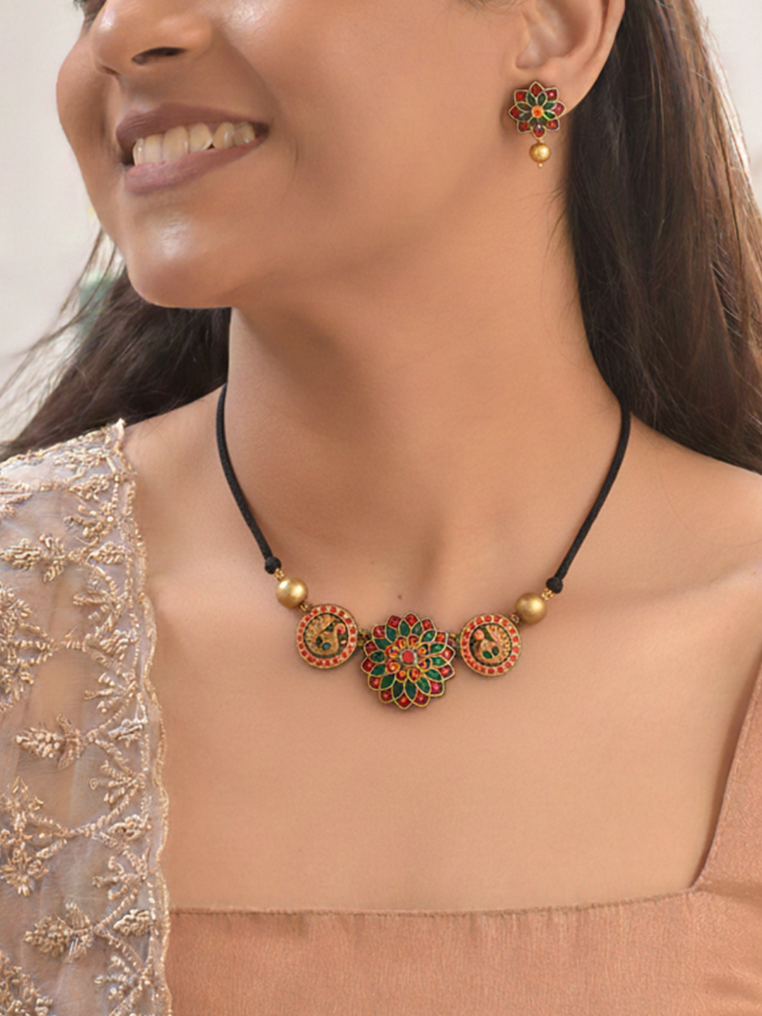 Terracotta Antique Gold Floral Necklace Set with Peacock Motifs