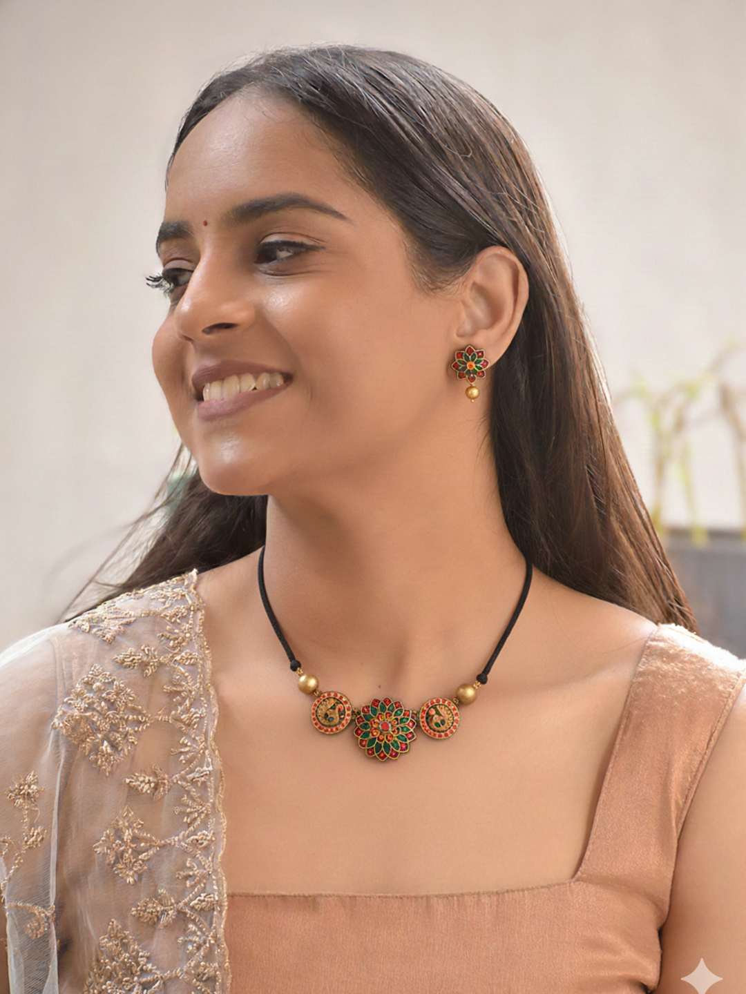 Terracotta Antique Gold Floral Necklace Set with Peacock Motifs