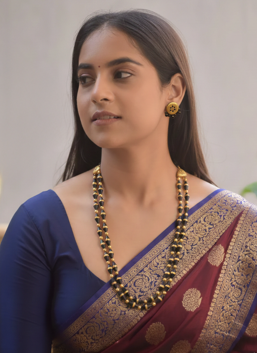 Handmade Terracotta Dual-Layer Black and Gold Beaded Necklace