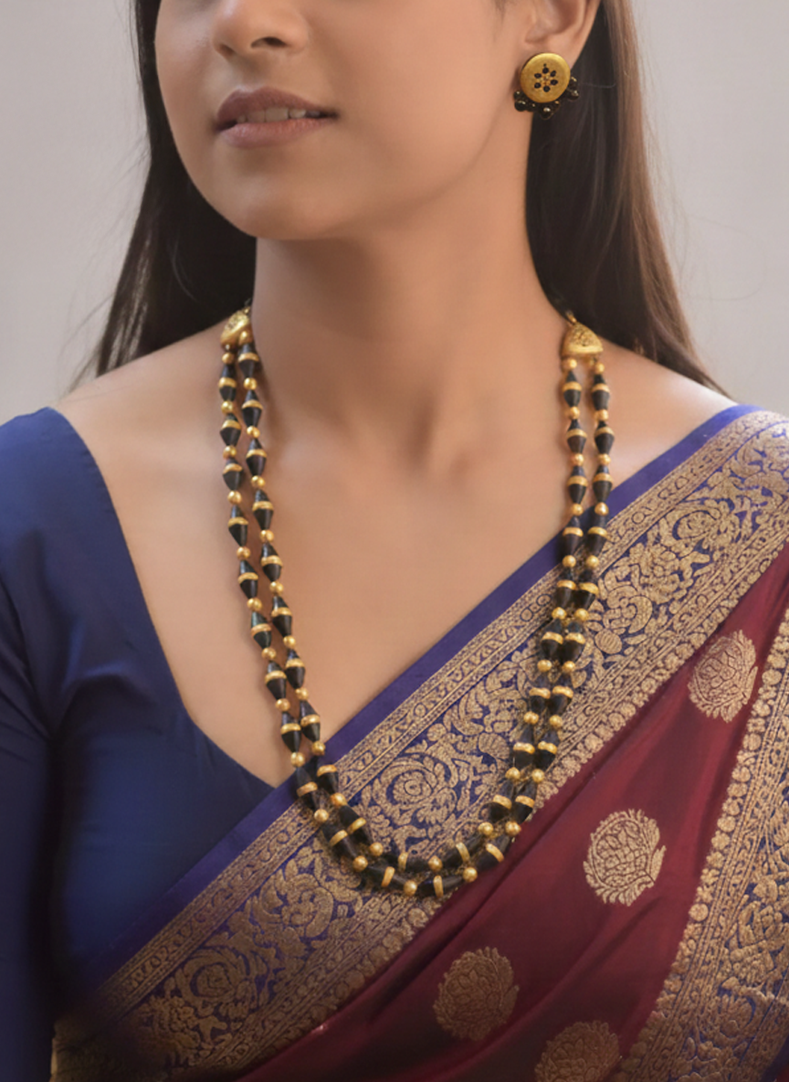Handmade Terracotta Dual-Layer Black and Gold Beaded Necklace
