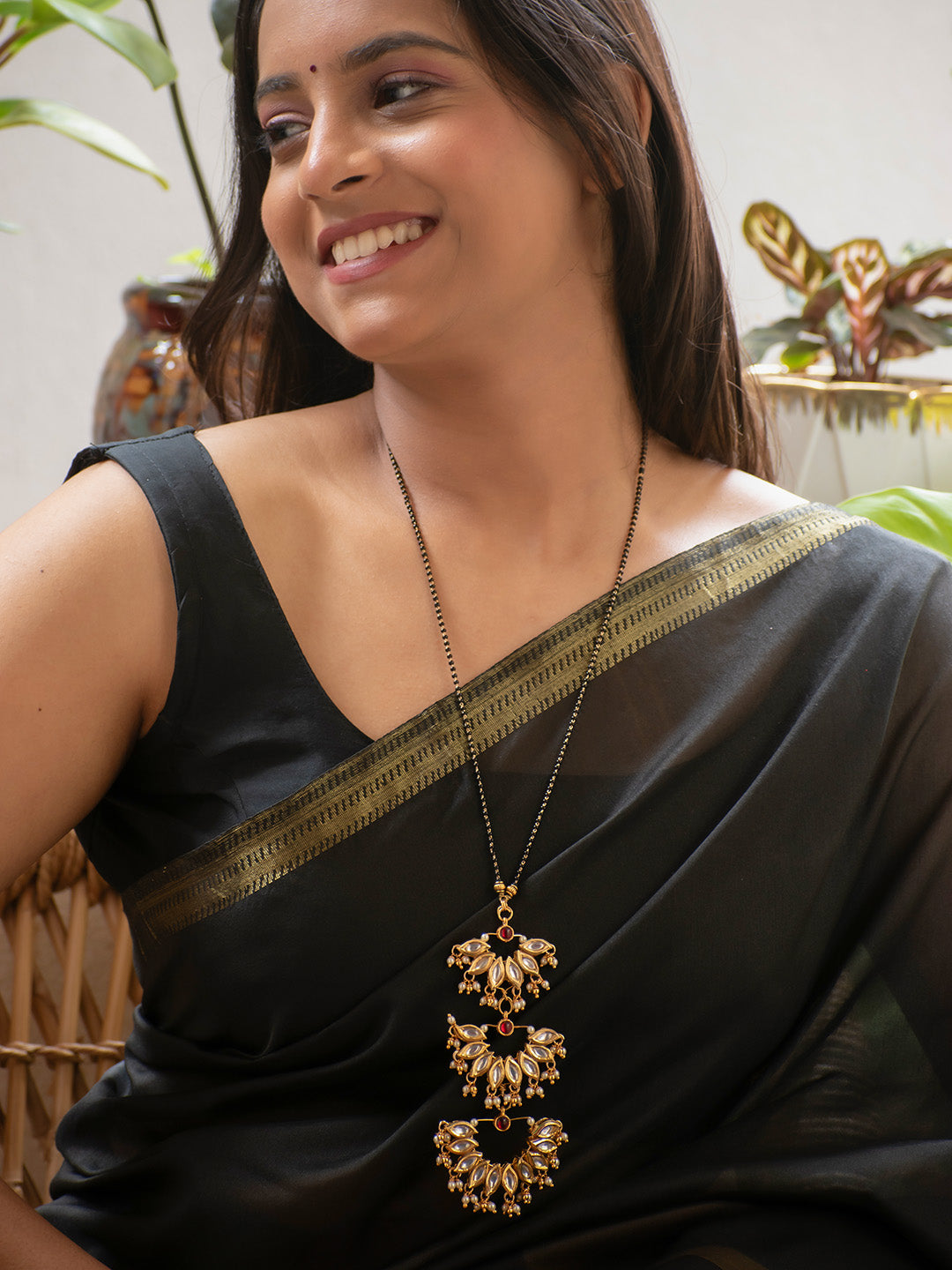 Premium Gold Finish Kundan and Red Kemp Stone Pearls Mangalsutra Chain Necklace