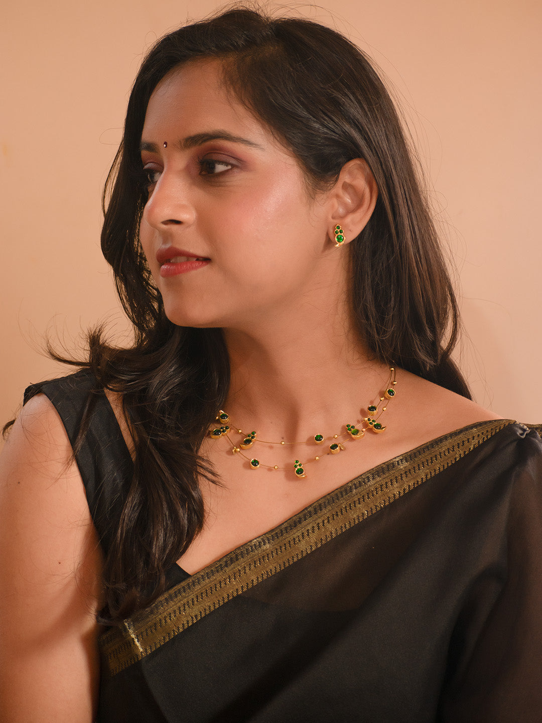 Premium Gold Finish Green Two Layered Kemp Stones Necklace Set