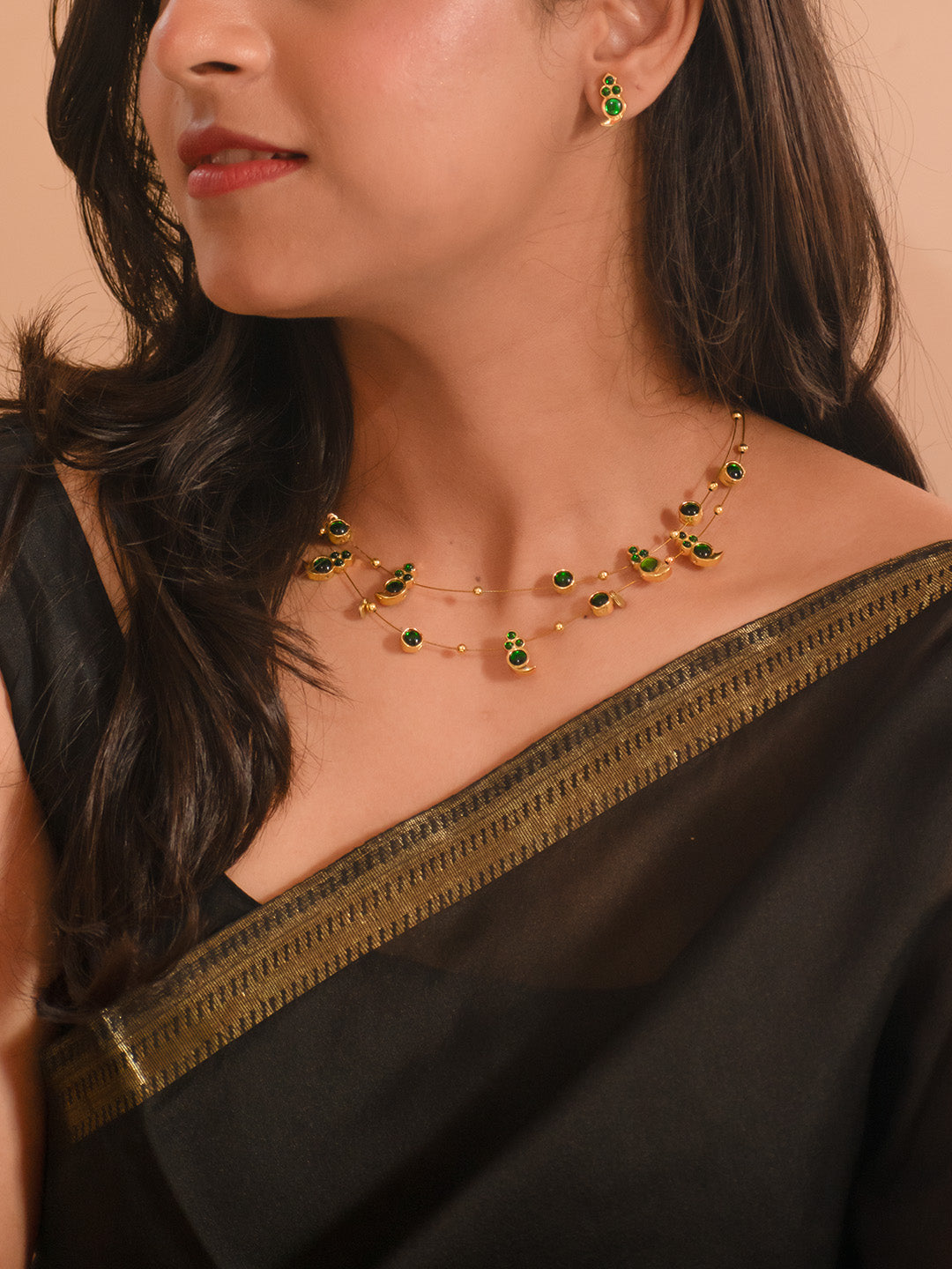 Premium Gold Finish Green Two Layered Kemp Stones Necklace Set