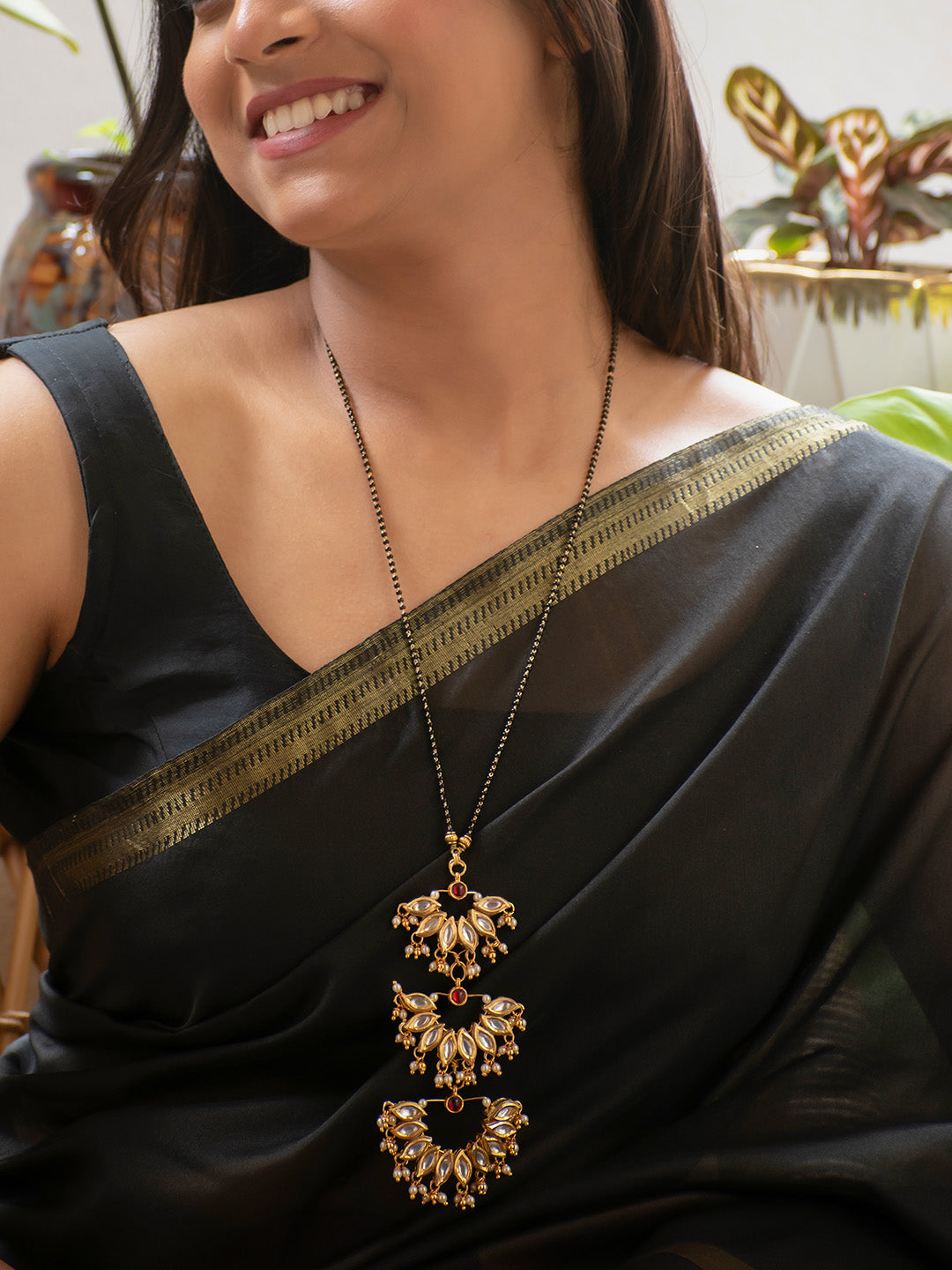 Premium Gold Finish Kundan and Red Kemp Stone Pearls Mangalsutra Chain Necklace