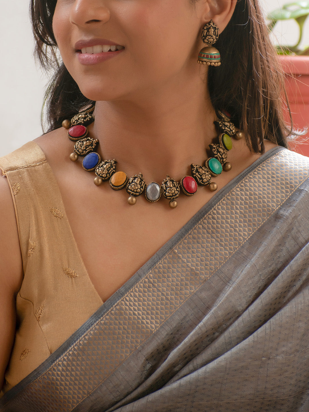 Navaratna Design - Auspicious Navaratna 9 Colors, Premium Antique Gold Finish, Ganesha design, Handmade Terracotta Necklace Set
