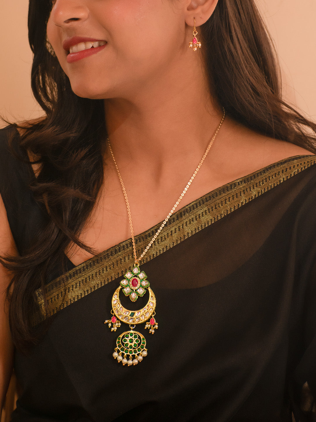 Premium Gold Finish Red Green Kundan Kemp Stone Metal Chain Necklace Set