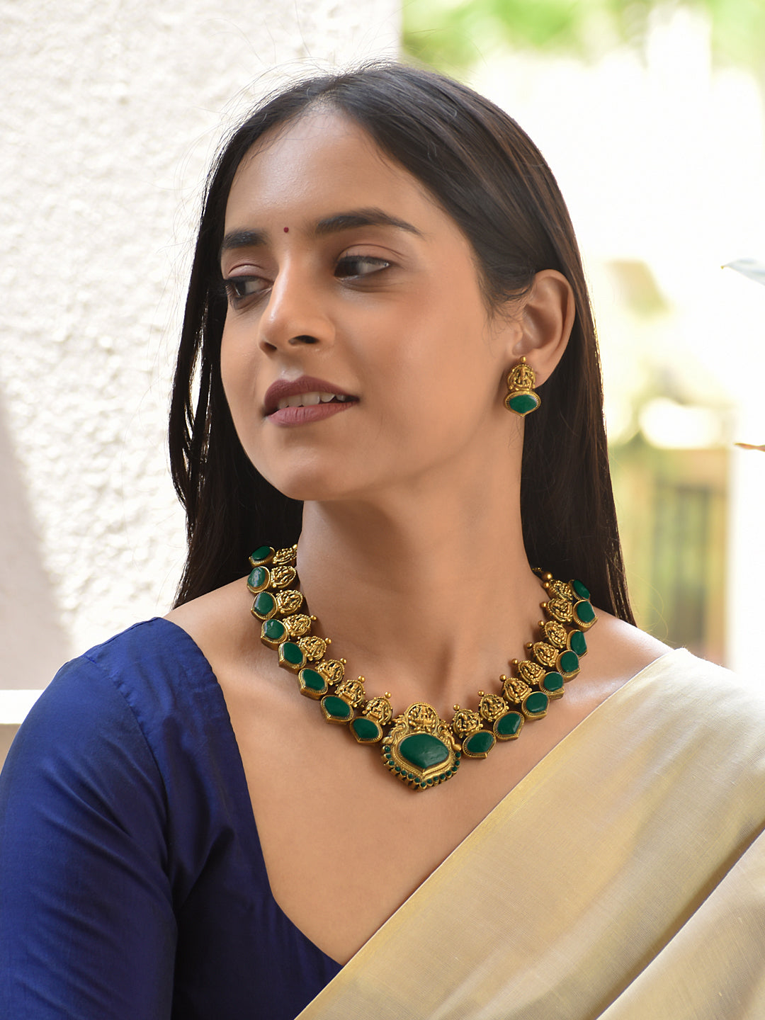 Terracotta Green Stone Temple Necklace Set