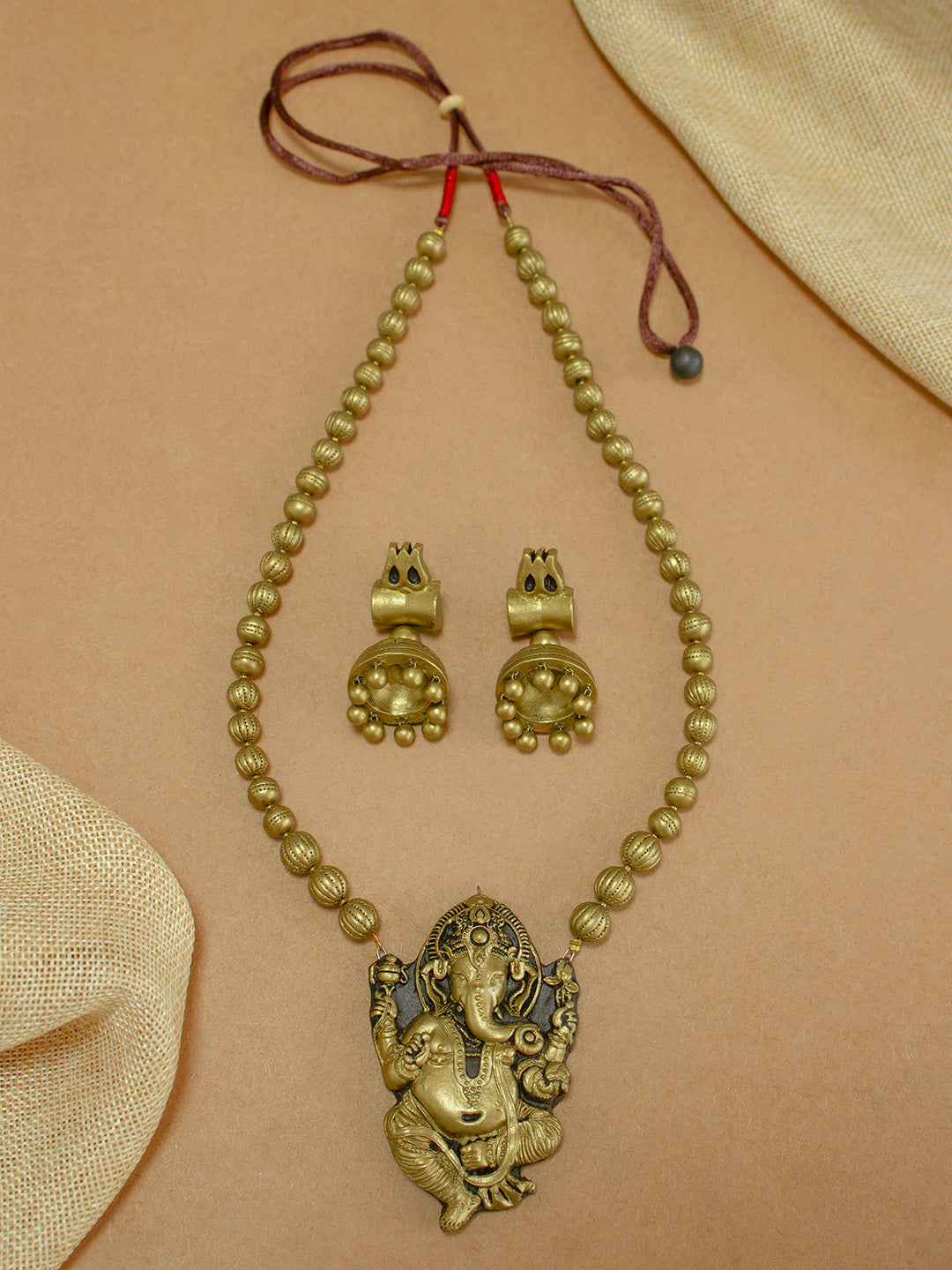 Heramba — Antique Gold Ganesha Pendant Design Mala Handmade Terracotta Necklace Set