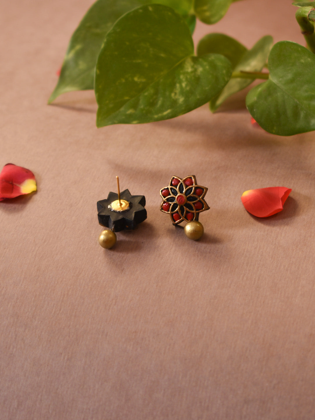 Rudrakshika — Black Red Gold Floral Mandala Work Handmade Terracotta Stud Earrings