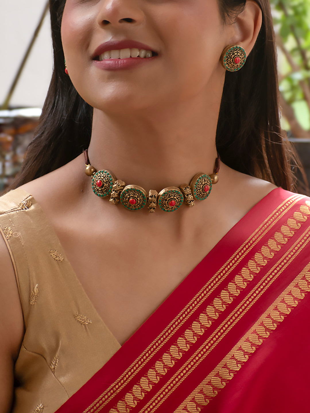 Antique Gold Orange Green Circular Design Choker Handmade Terracotta Necklace Set