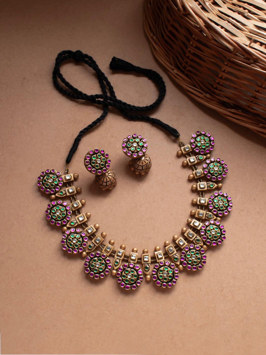 Pink Green Antique Gold Kundan Stones Circular Design Handmade Terracotta Temple Fusion Necklace Set