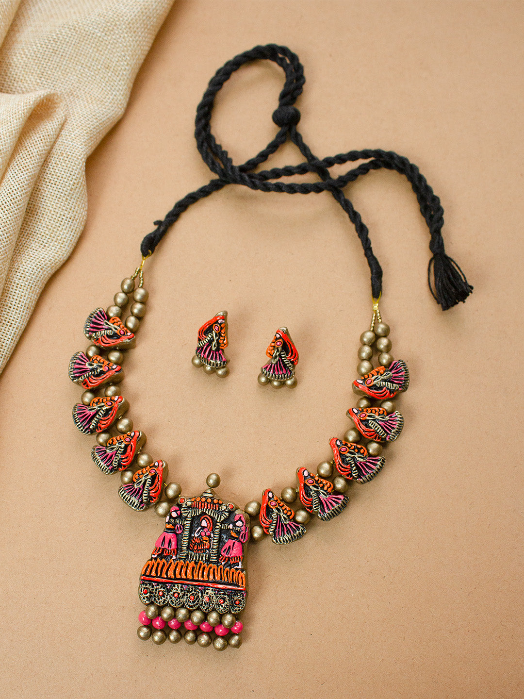 Vivid Dancers Orange Pink Gold Handmade Terracotta Necklace Set