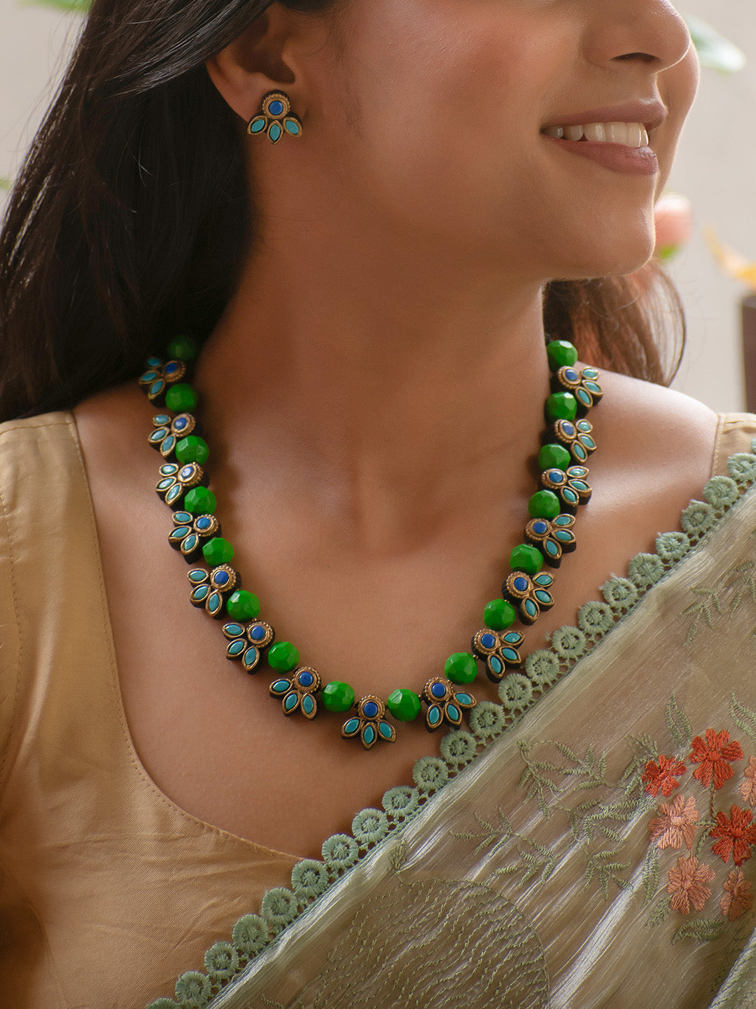 Antique Gold Green and Blue Crystal Beads Flower Design Handmade Terracotta Necklace Set