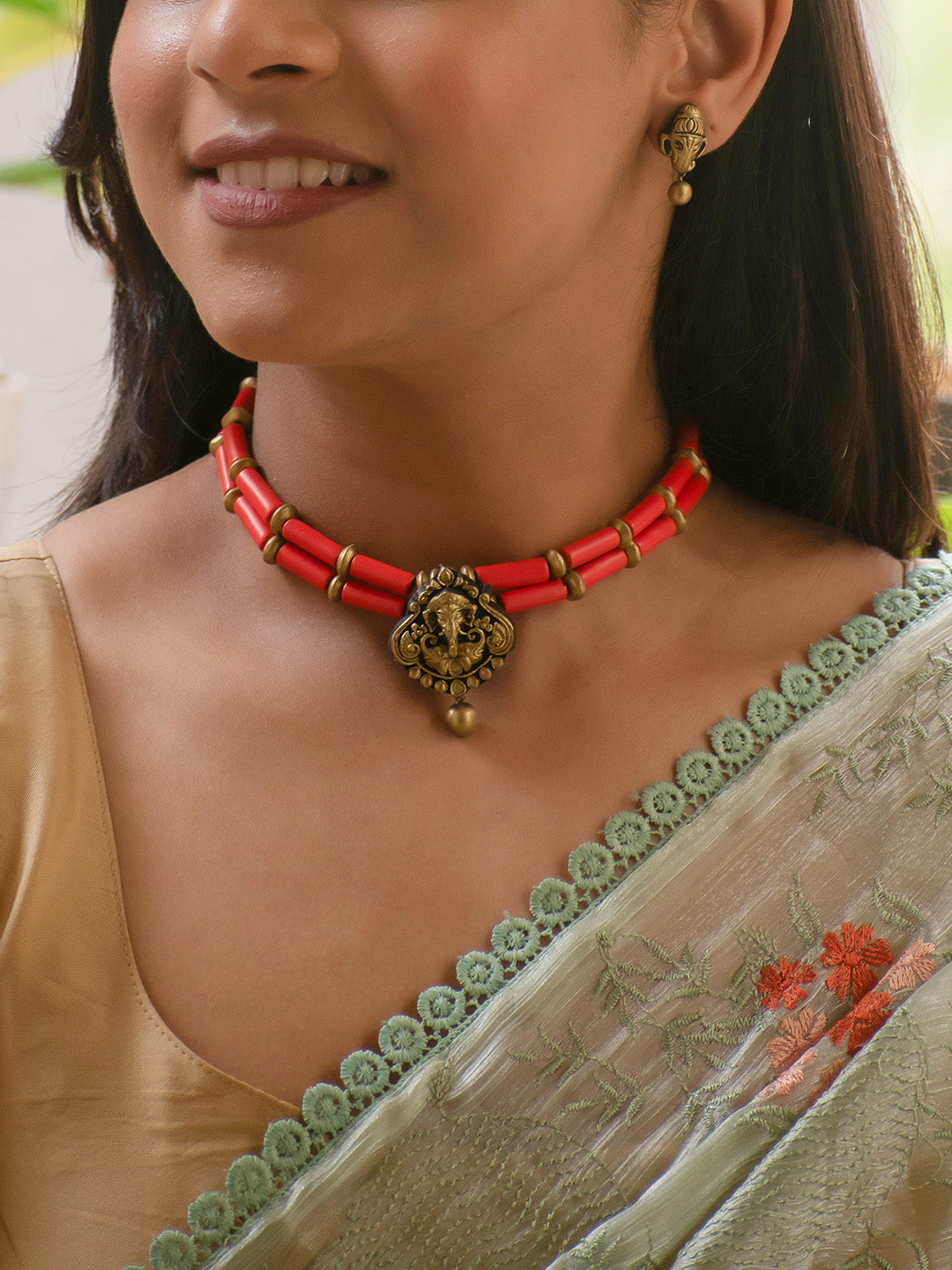Antique Gold and Orange Two-Layered Cylindrical Tubes Ganesha Choker Handmade Terracotta Necklace Set