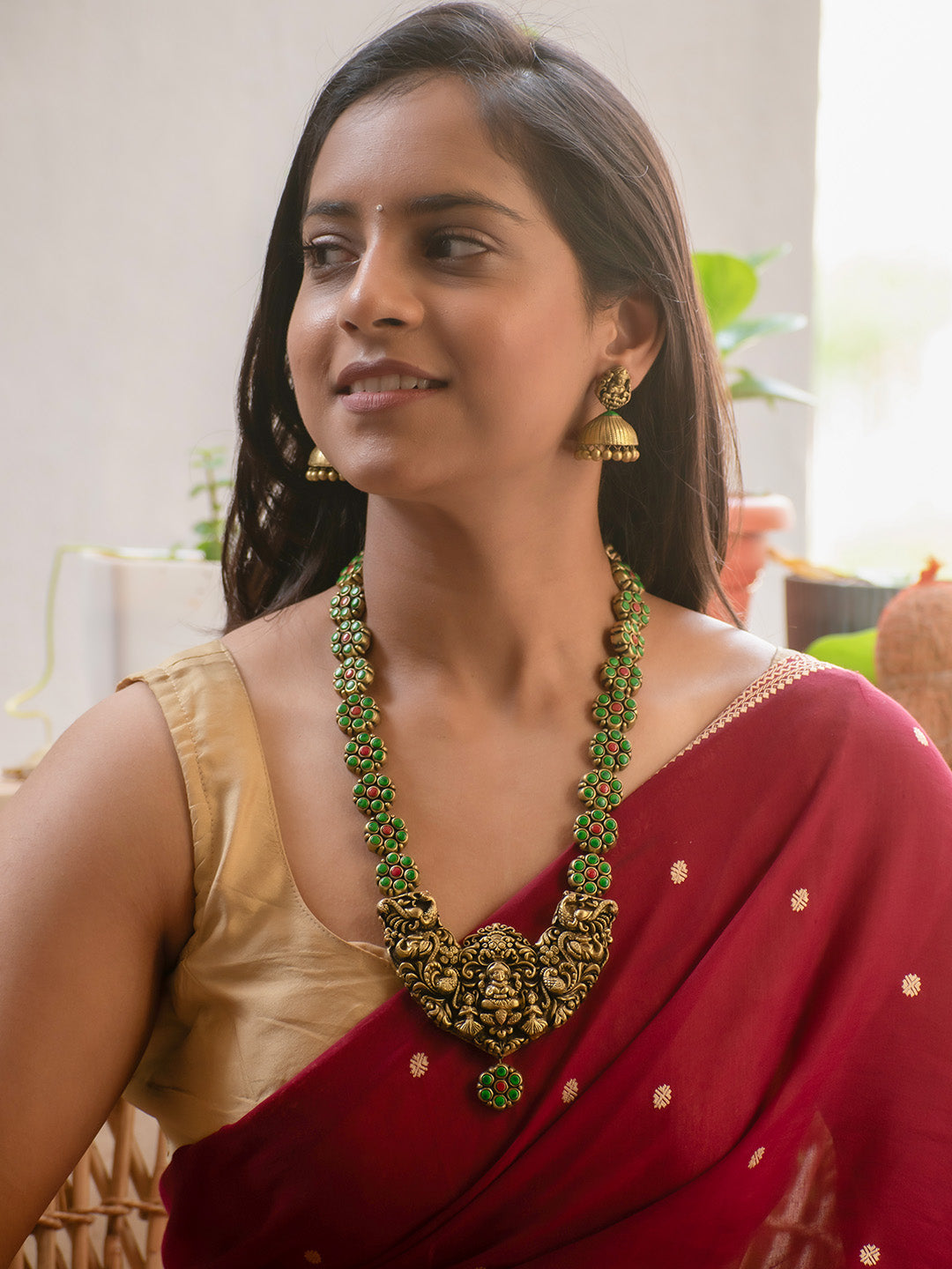 Antique Gold Green and Red Peacock and Lakshmi Design Handmade Terracotta Necklace Set