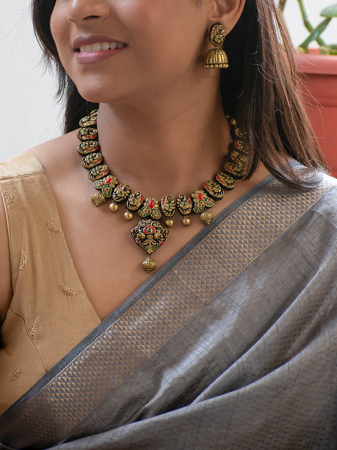 Antique Gold Red and Green Peacock Design Handmade Terracotta Necklace Set