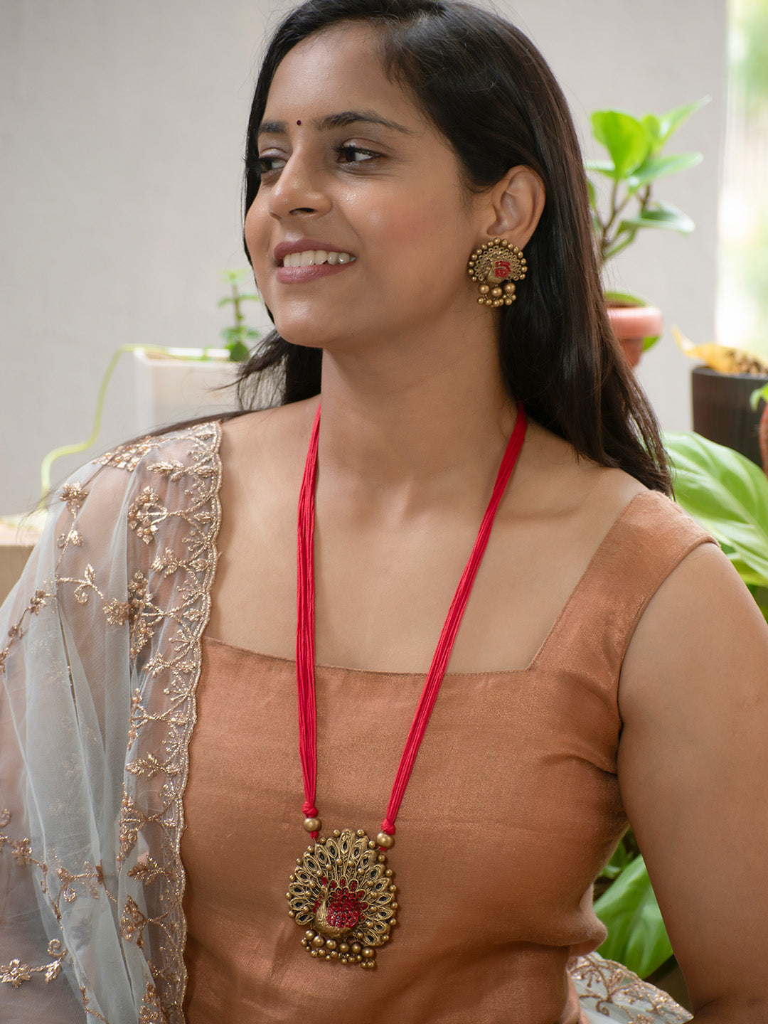 Gold and Red Peacock Design Handmade Terracotta Necklace Set