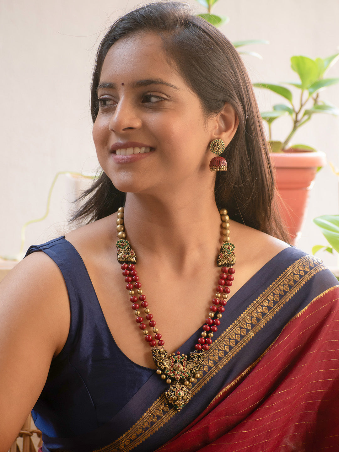 Roohani - Antique Gold and Maroon Peacock Design Handmade Terracotta Necklace Set