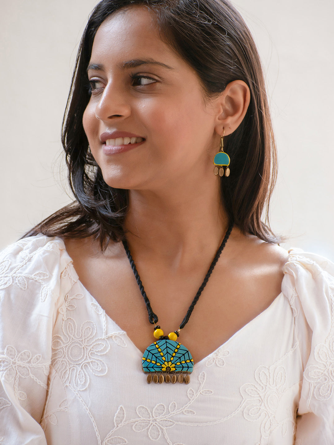 Blue and Yellow Fish Design Handmade Terracotta Choker Set