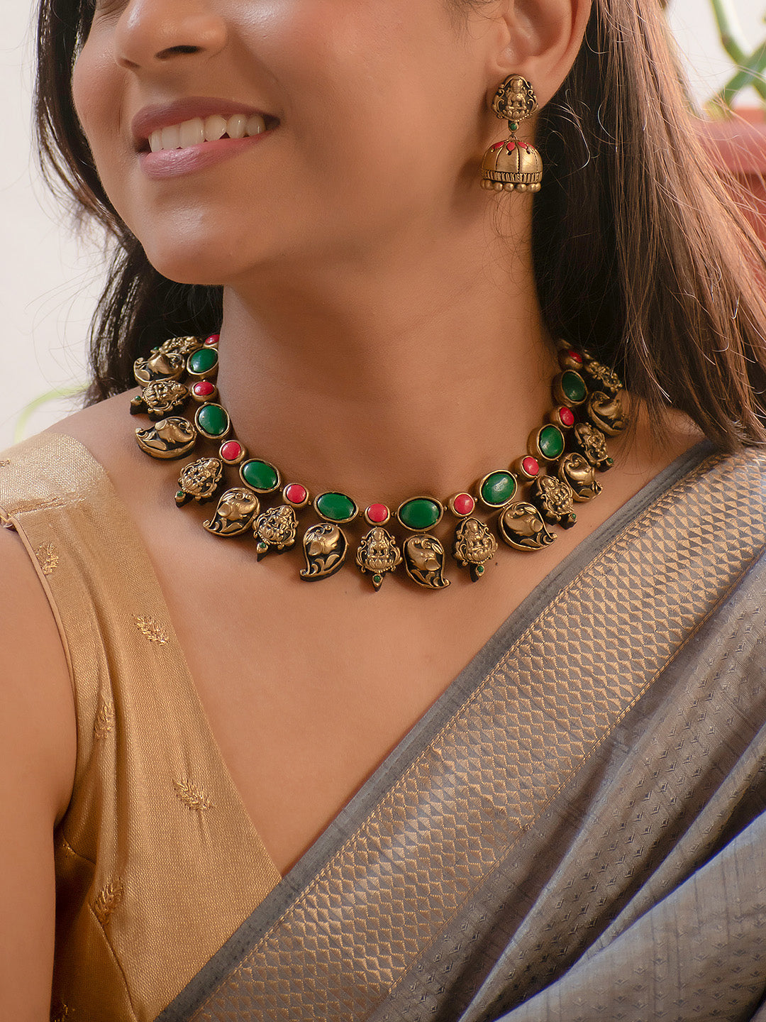 Antique Gold Red Green Lakshmi and Elephant Design Handmade Terracotta Necklace Set