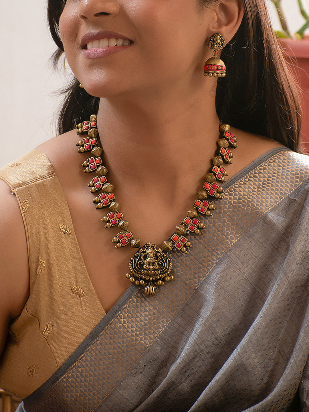 Antique Gold Orange and Pink Lakshmi Design Handmade Terracotta Necklace Set