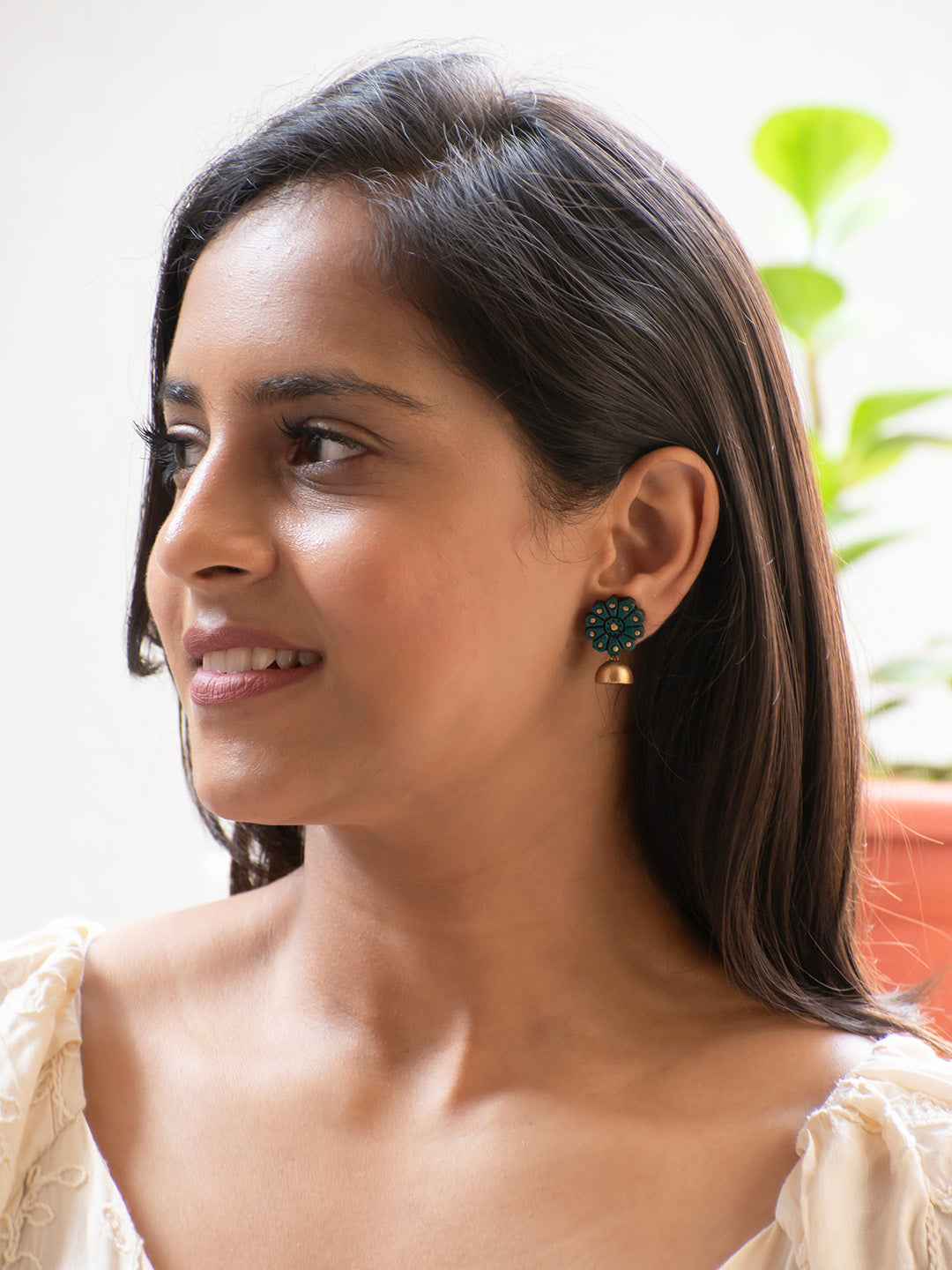 Dark Green and Gold Flower Design Hand-Painted Terracotta Earrings