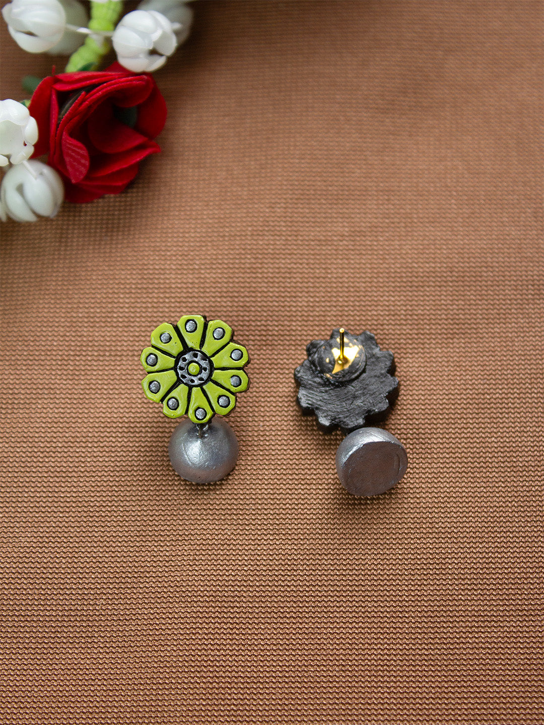 Green and Silver Flower Design Hand-Painted Terracotta Earrings