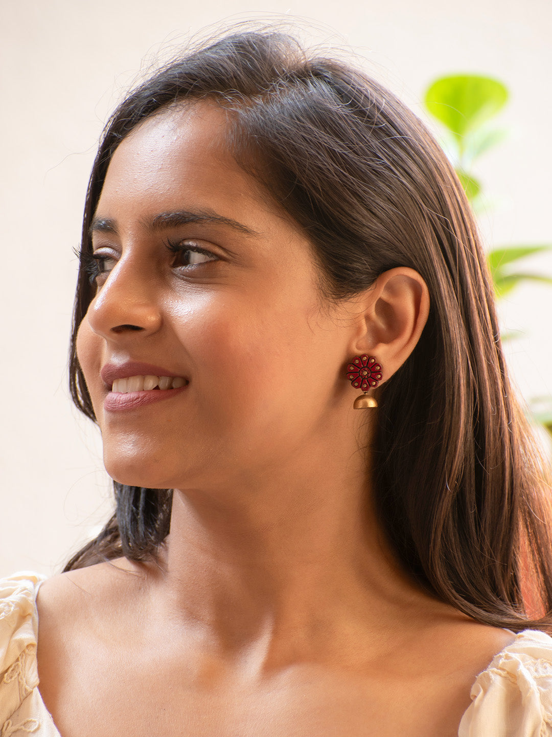 Maroon and Gold Flower Design Hand-Painted Terracotta Earrings