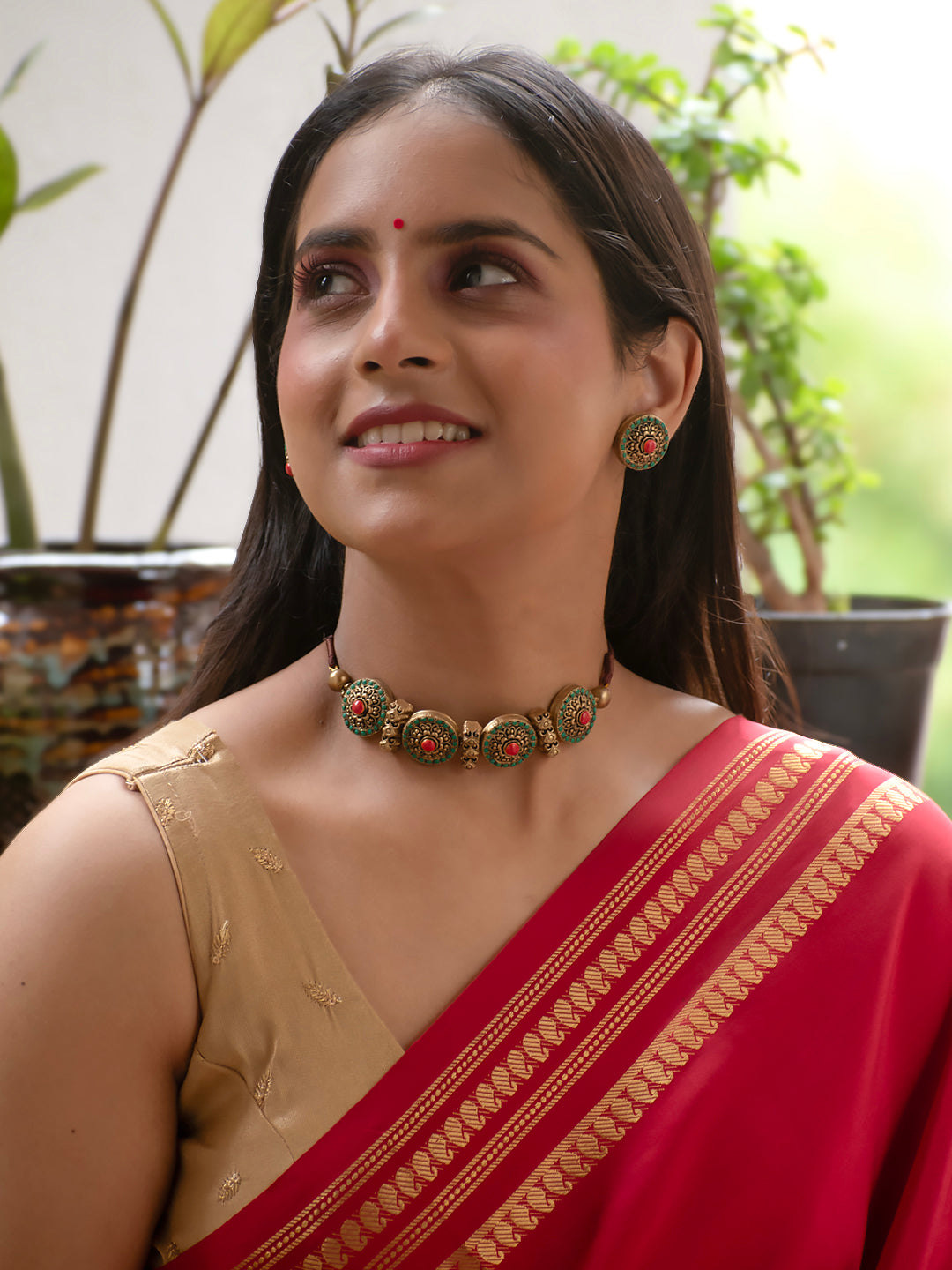 Antique Gold Orange Green Circular Design Choker Handmade Terracotta Necklace Set