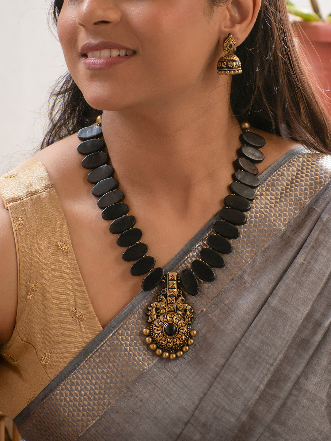 Shyamamayura — Antique Gold and Black Peacock Design Handmade Terracotta Necklace Set