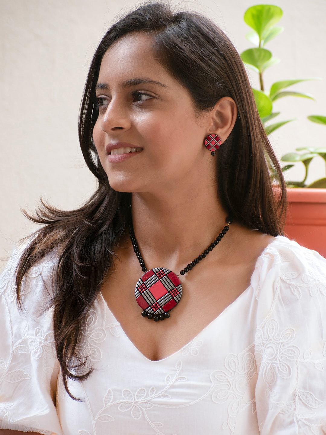 Ranjataka — Pink and Black Geometric Design Handmade Terracotta Necklace Set