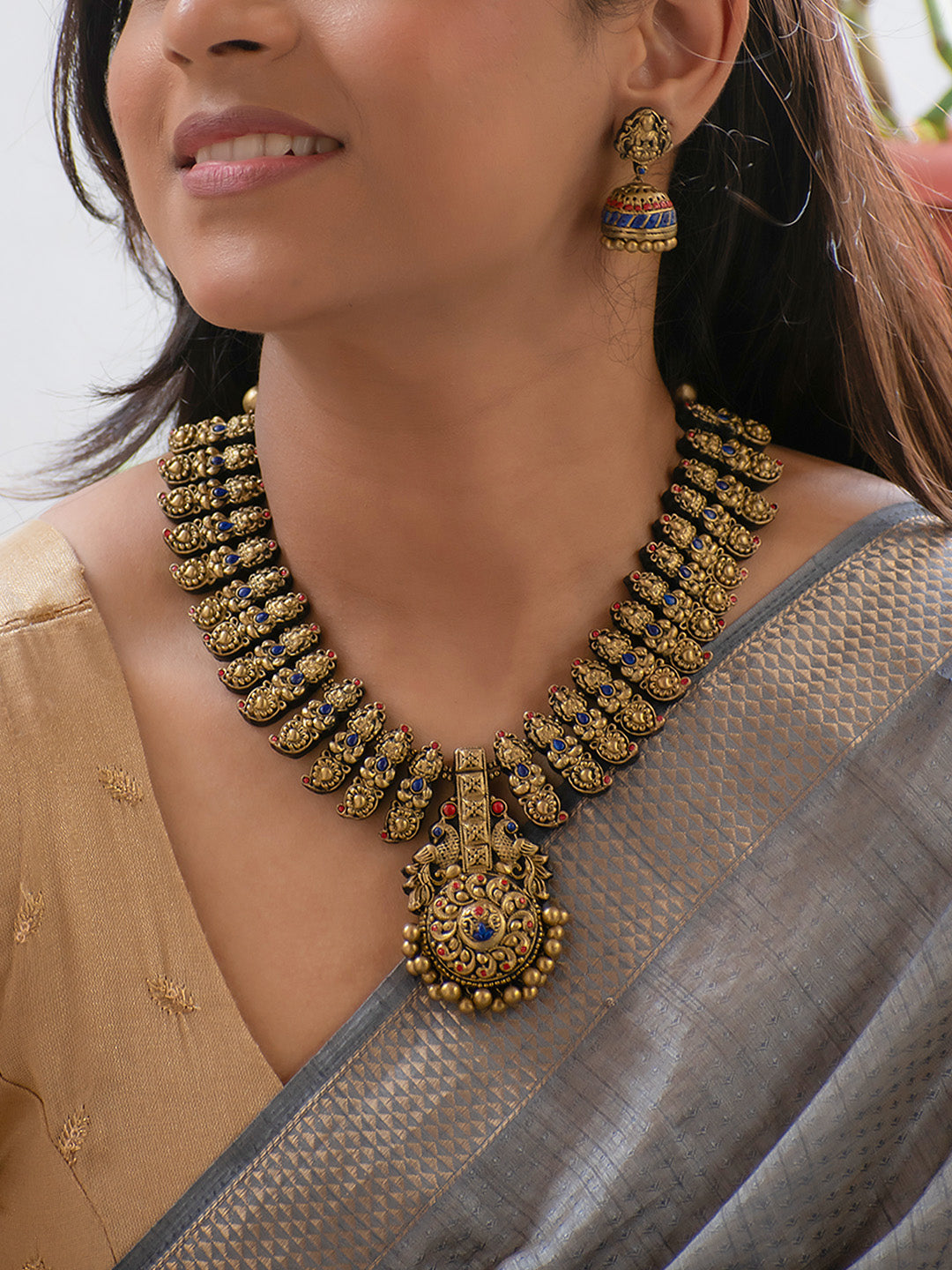 Mayura Sri — Antique Gold Red and Blue Peacock and Lakshmi Design Handmade Terracotta Necklace Set