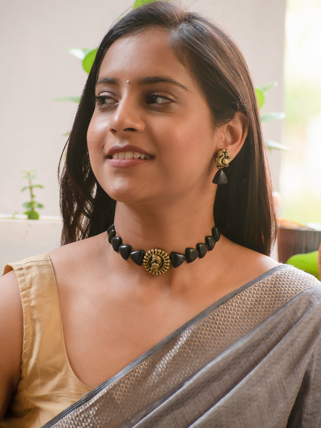 Antique Gold and Black Peacock Choker Handmade Terracotta Necklace Set