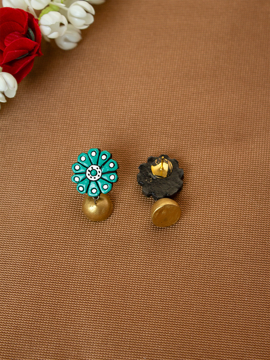 Emerald Green and Gold Flower Design Hand-Painted Terracotta Earrings