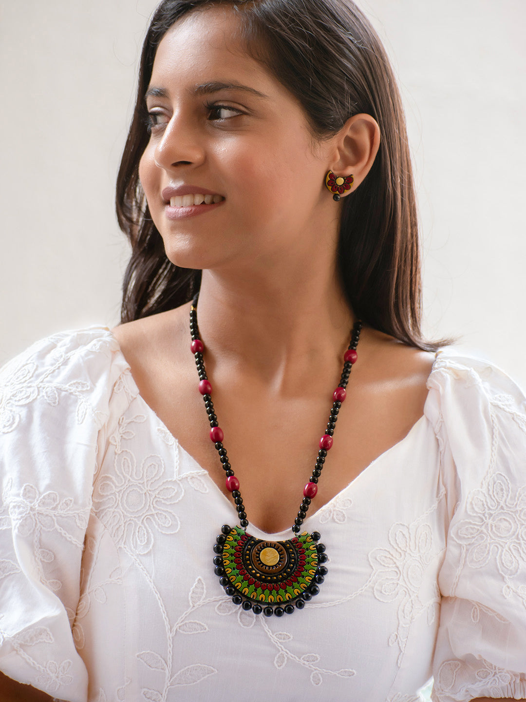 Multicolor Abstract Design Handmade Terracotta Necklace Set