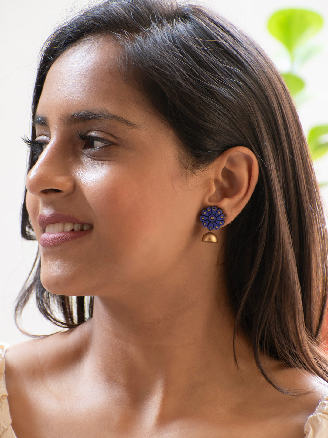 Purple and Gold Flower Design Hand-Painted Terracotta Earrings