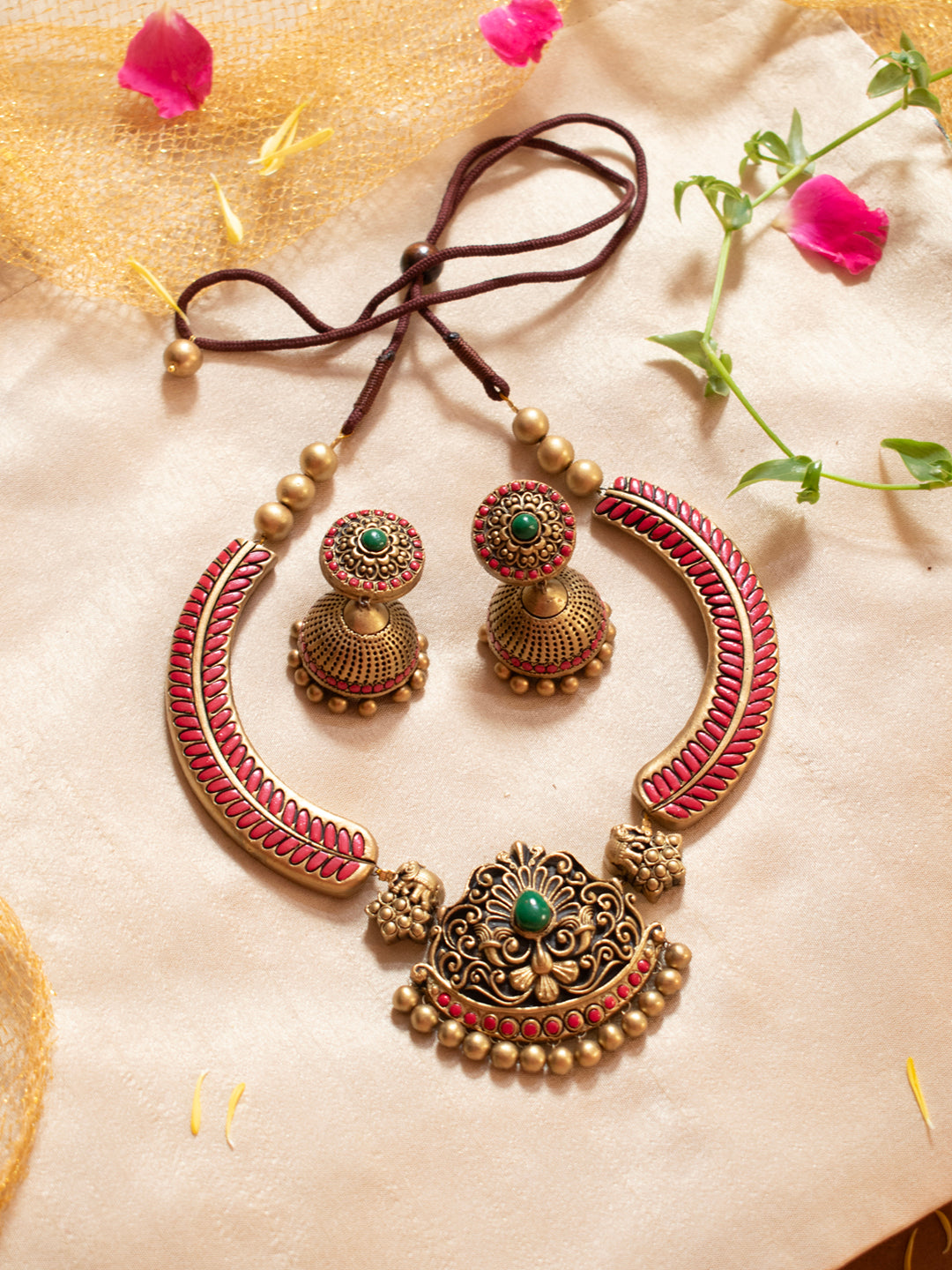 Antique Gold Deep Pink Green Flower Elephant Design Leaf Art Work Hasli Design Handmade Terracotta Necklace Set