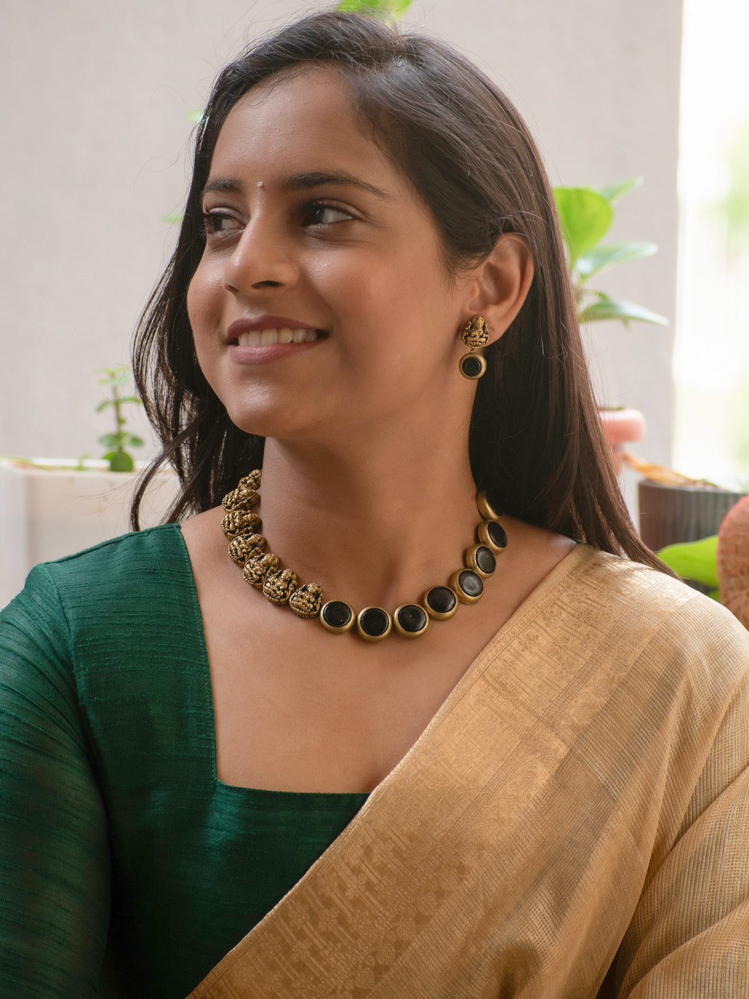 Antique Gold and Black Coin and Lakshmi Design Handmade Terracotta Choker Set