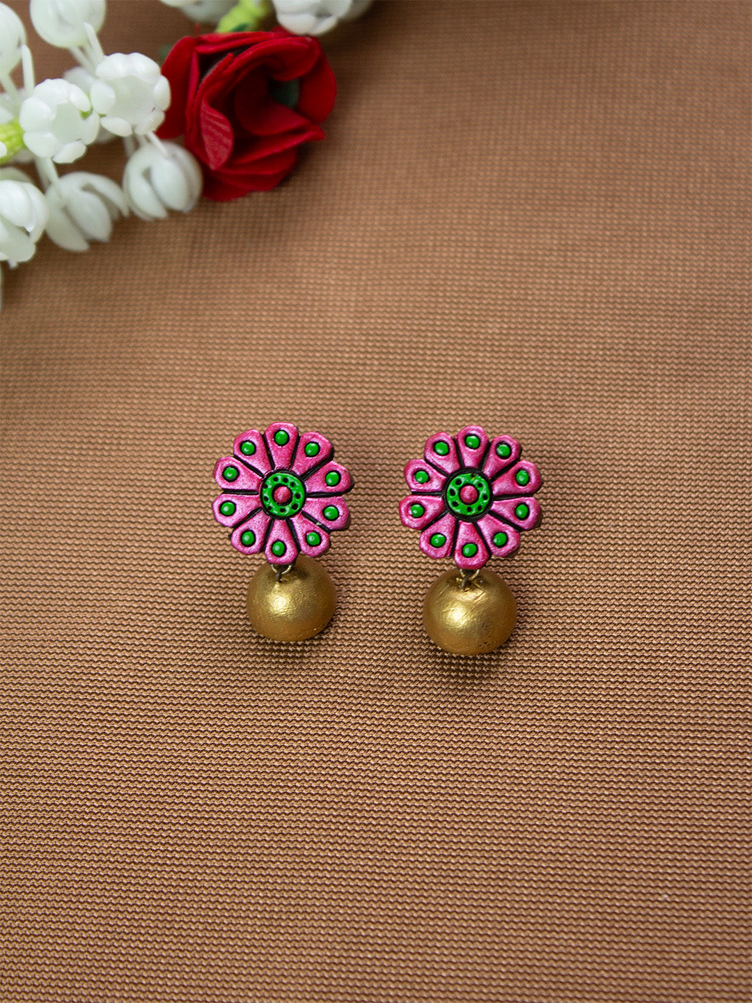 Metallic Pink Green and Gold Flower Design Hand-Painted Terracotta Earrings
