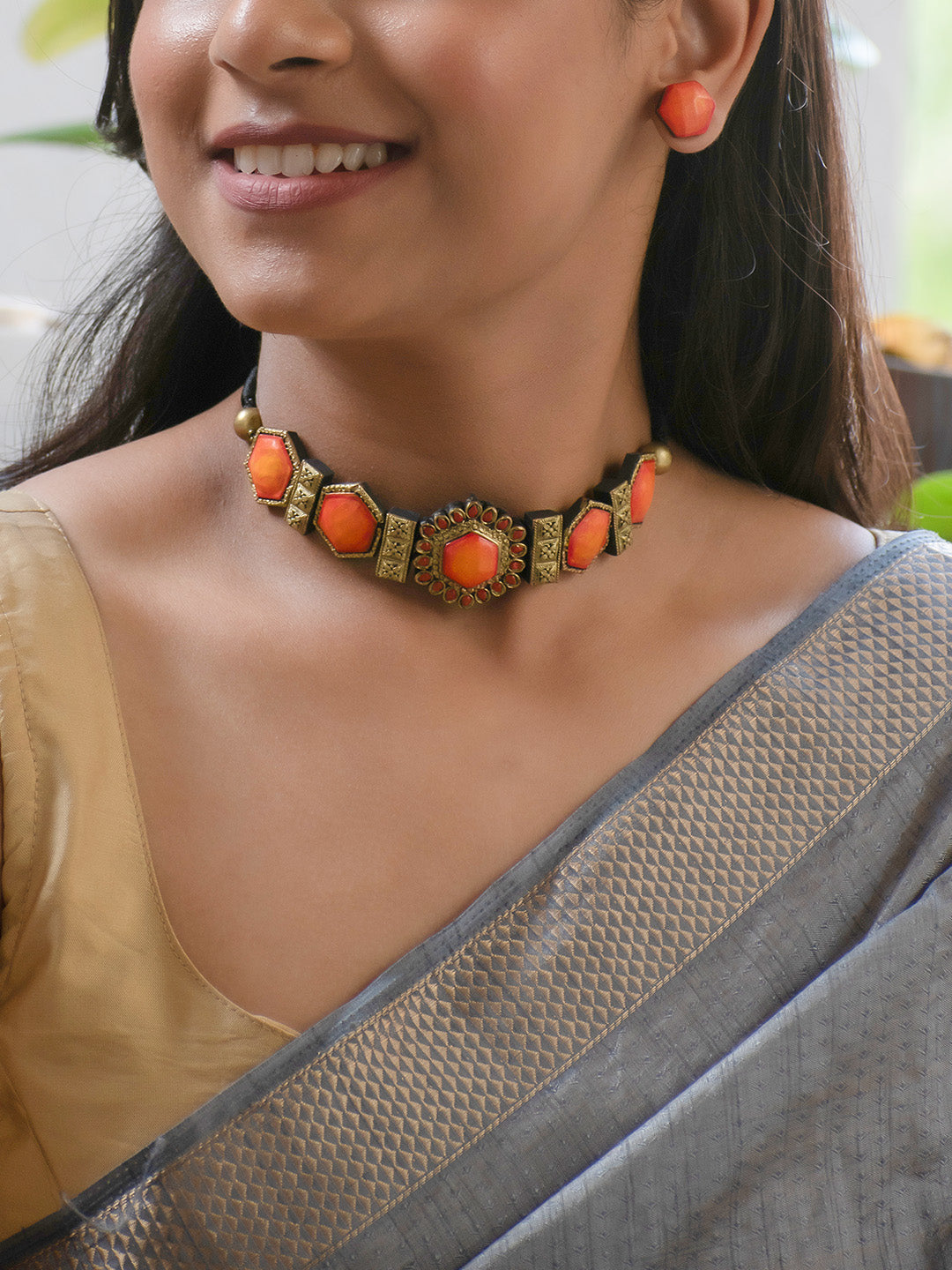 Hexagon Orange Choker Handmade Terracotta Necklace Set