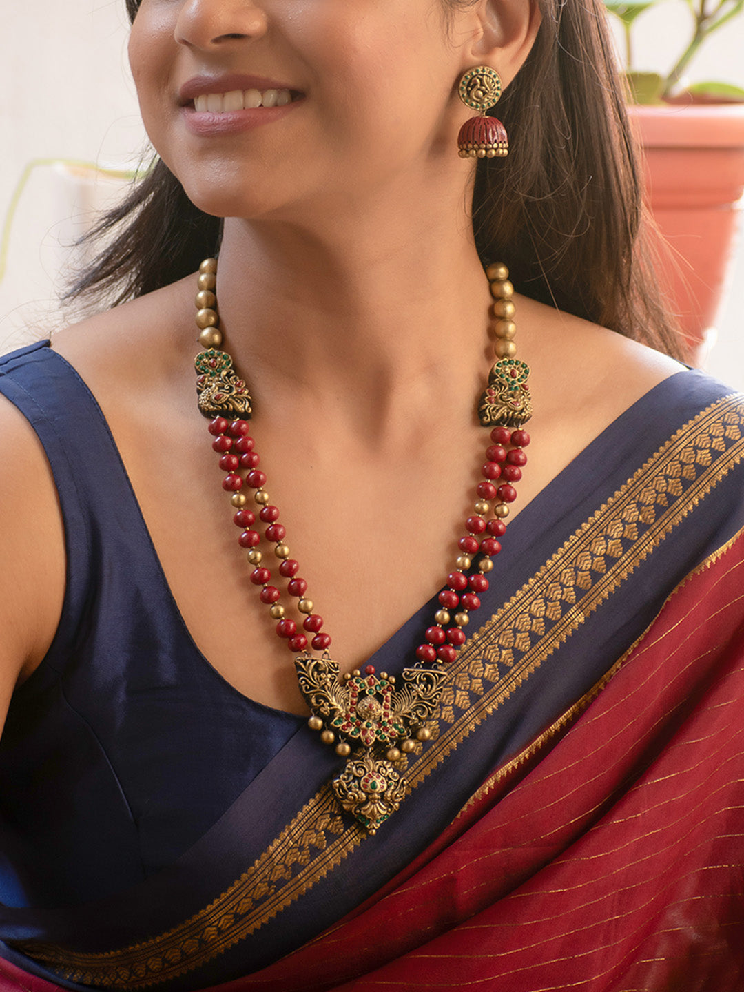 Roohani - Antique Gold and Maroon Peacock Design Handmade Terracotta Necklace Set