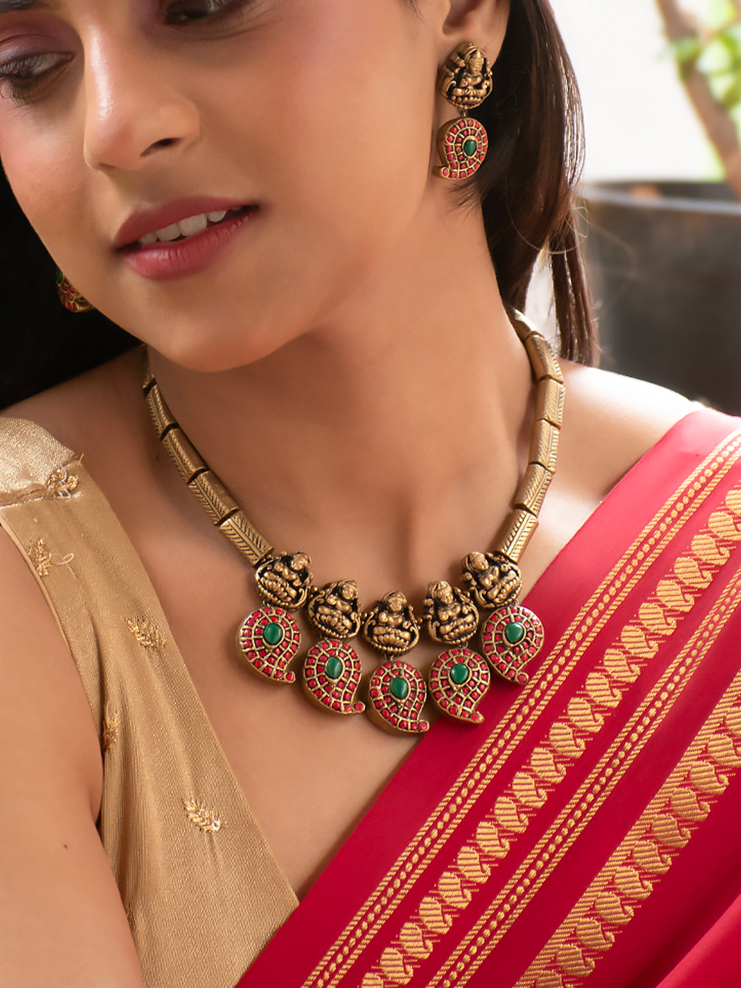 Antique Gold Red Green Lakshmi and Mango Design Chain Type Temple Handmade Terracotta Necklace Set