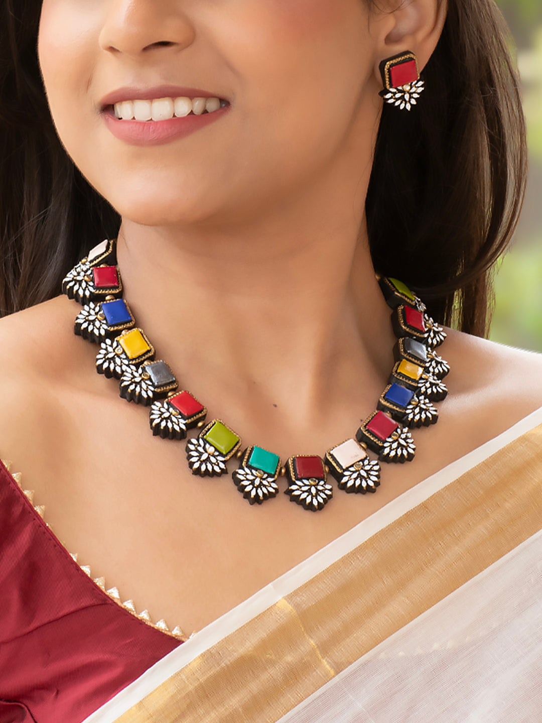 Navaratna Design - Auspicious Navaratna 9 colors, Filigree Floral designs, Handmade Terracotta Necklace Set